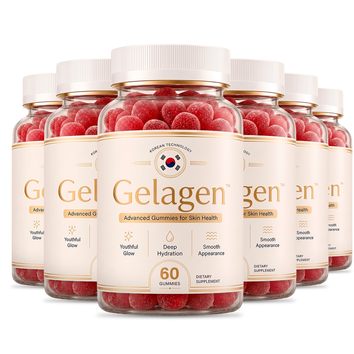 Six bottles of Gelagen skin health gummies, 60 gummies each